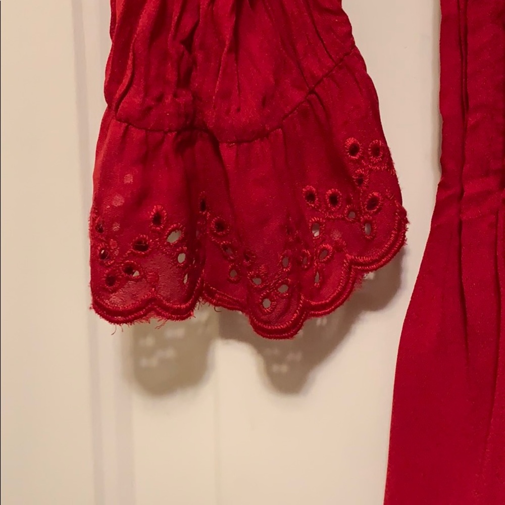 NY Collection Red Ruffle Blouse Sz M Peplum Eyelet Trim 3/4 Sleeve Feminine Top - Picture 3 of 4